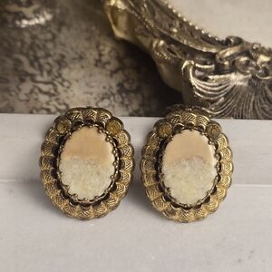 WEST GERMANY Vintage Brass Filigree Clip-On Earrings.